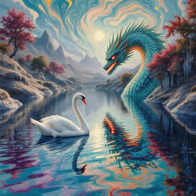 The primary subject of the image is a white swan floating on a body of water. The setting is a serene, natural environment with a mountainous background. The visual style is a combination of photo and digital art, creating a unique and captivating scene. The colors and mood of the image are predominantly calm and peaceful, with the white swan and the water's surface reflecting the tranquility of the surroundings.